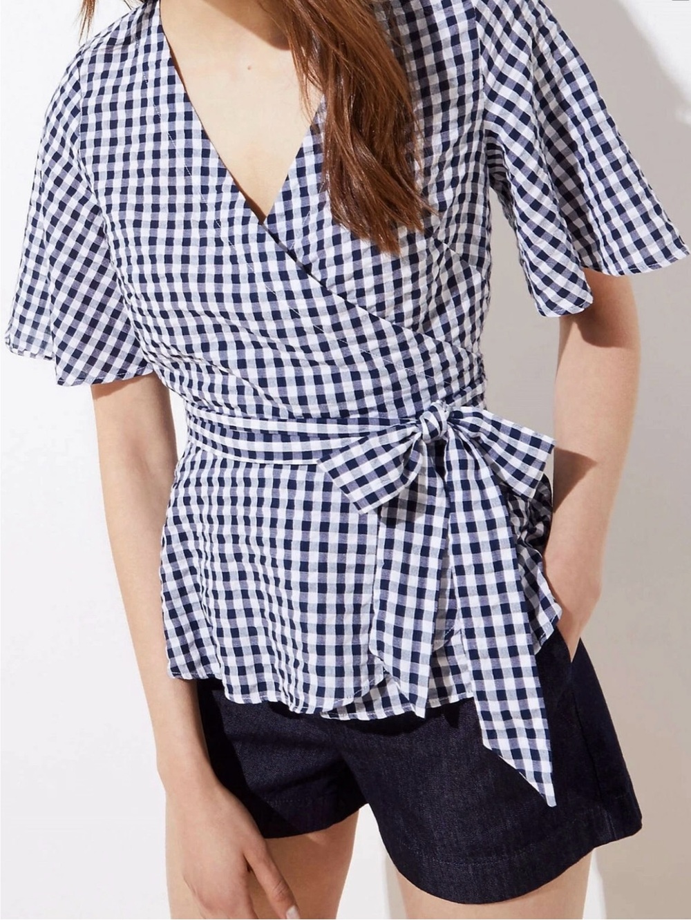 LOFT Gingham Check Wrap Peplum Navy & White Cotton Top - Size M